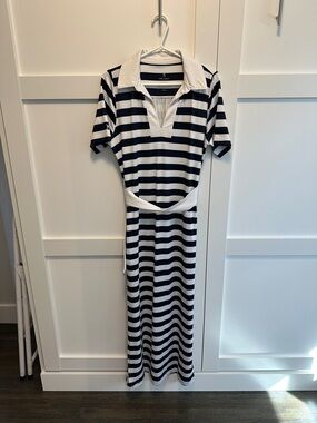 Dudley Stephen’s. Large. Striped Polo Maxi Dress in blue and white.
